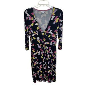 Boden Womens Floral Wrap Dress Large 3/4 Sleeve Multicolor Birds Grey Pink